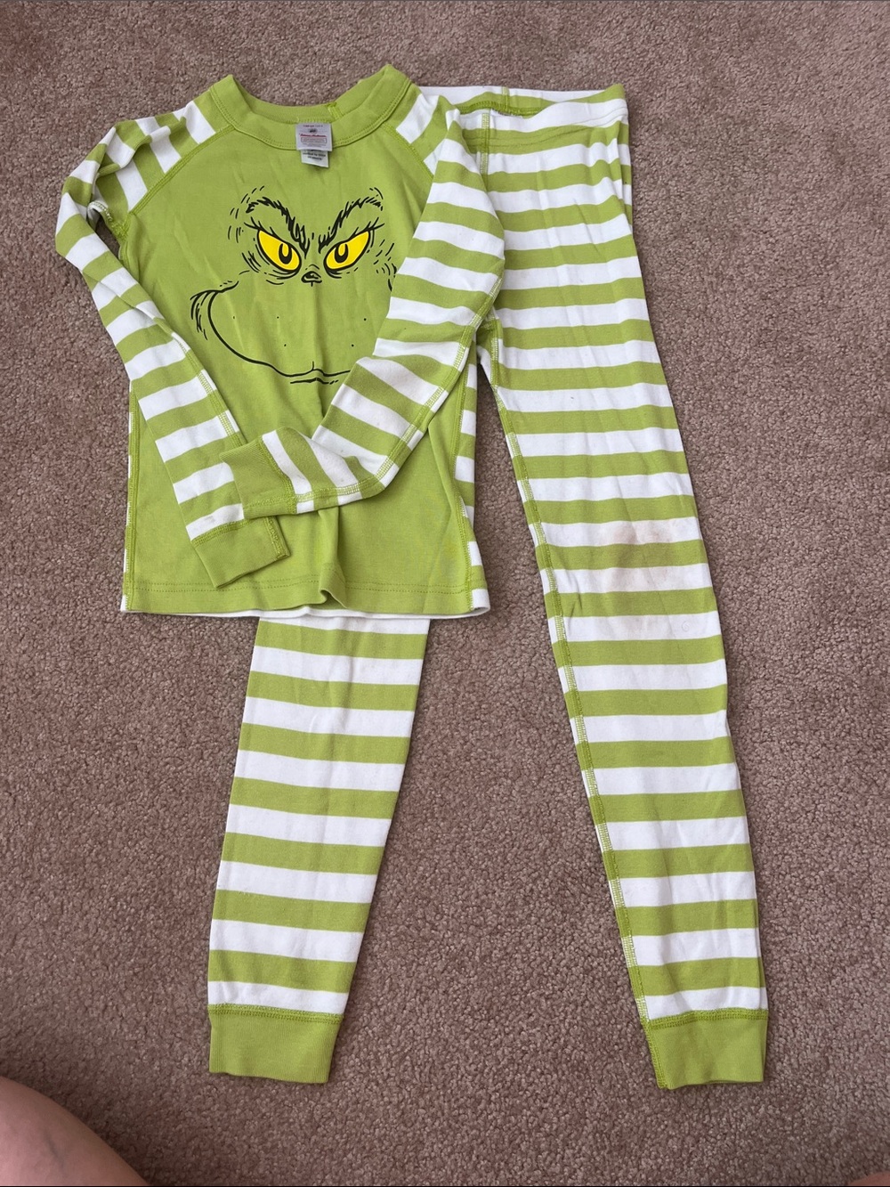 Hanna Andersson Lime Green Grinch Face Pajama Set with White Stripes